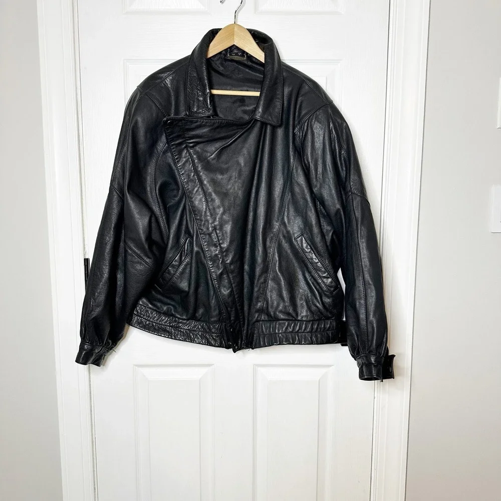 Vintage‎ Fidelity Leather Bomber Jacket Mens 44 Black Good Asymmetrical Zip 8740